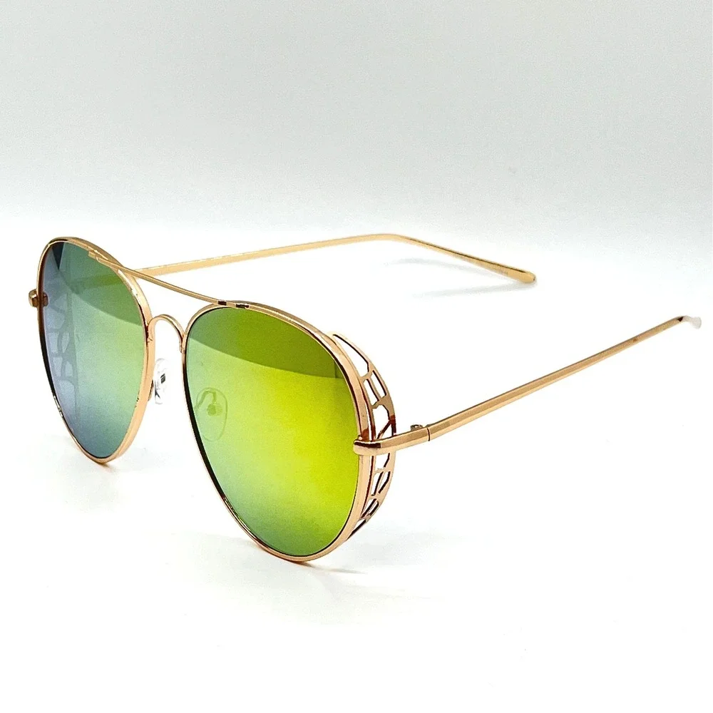 Aviator Sunglasses Gold Frame Mirrored Lens Unique‎ Side Detail Fashion Lentes